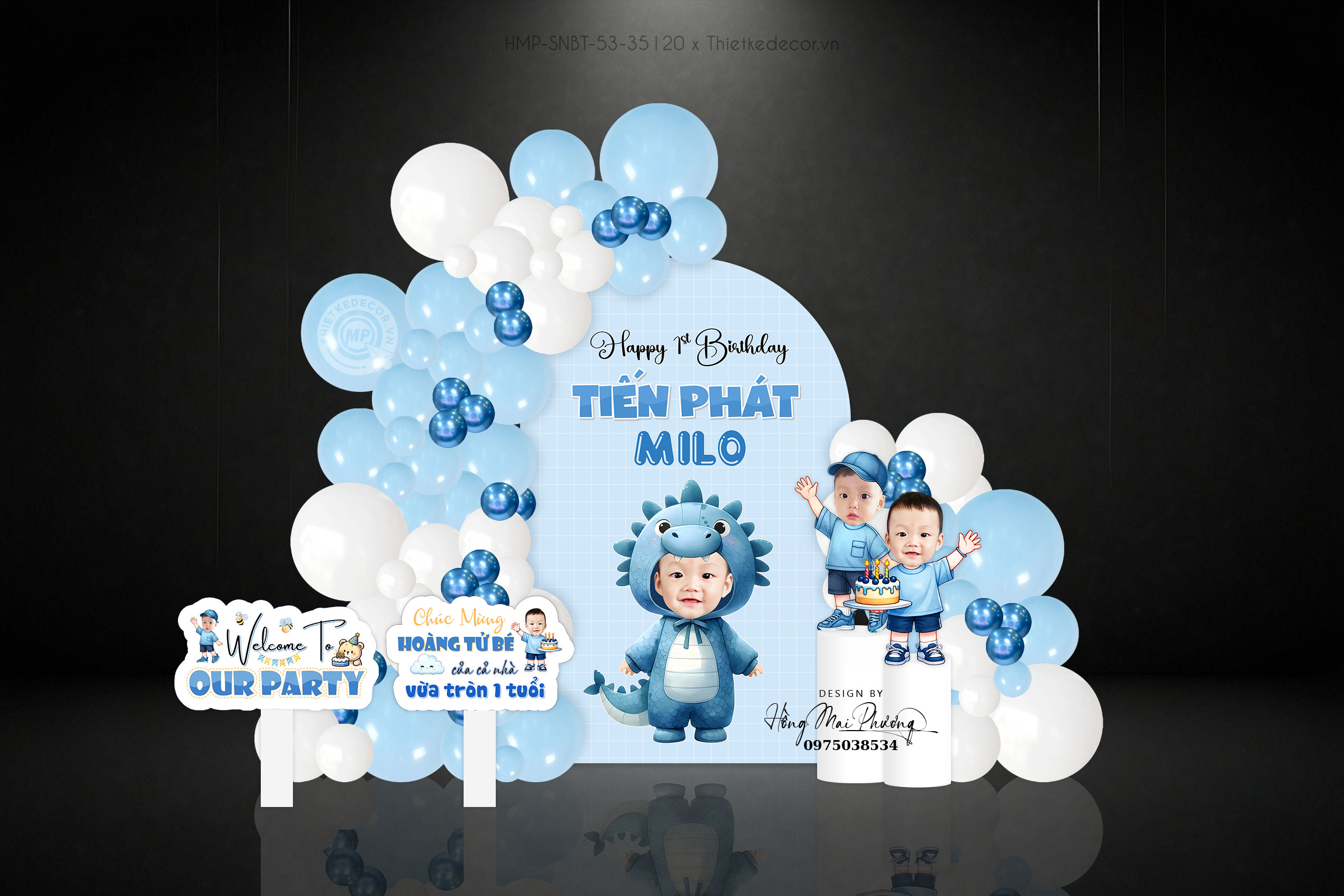 Sinh nhật bé trai tuổi rộng tone xanh , chibi & tag